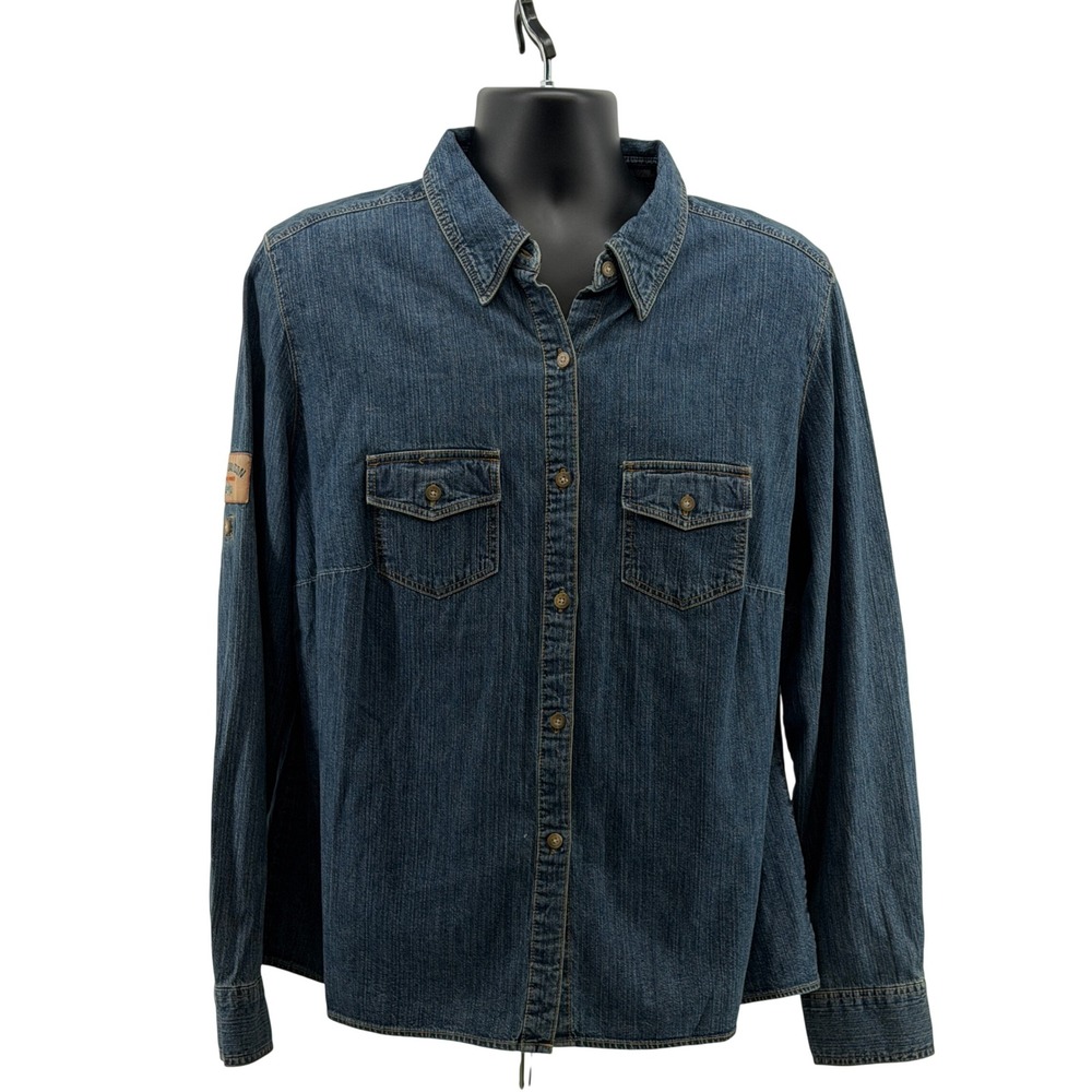 Harley-Davidson Denim Shirt Womens 1W  Button Up Long Sleeve Patch Bike
